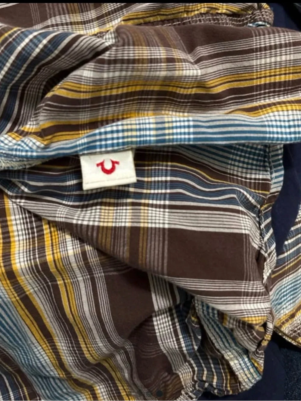 Original True Religion Men's Brown Plaid Button-Up Shirt with Yellow & Blue Stri